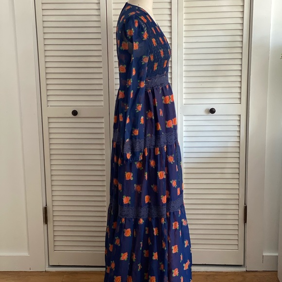 Vintage Blue Floral Voile Maxi Dress M - Picture 3 of 4